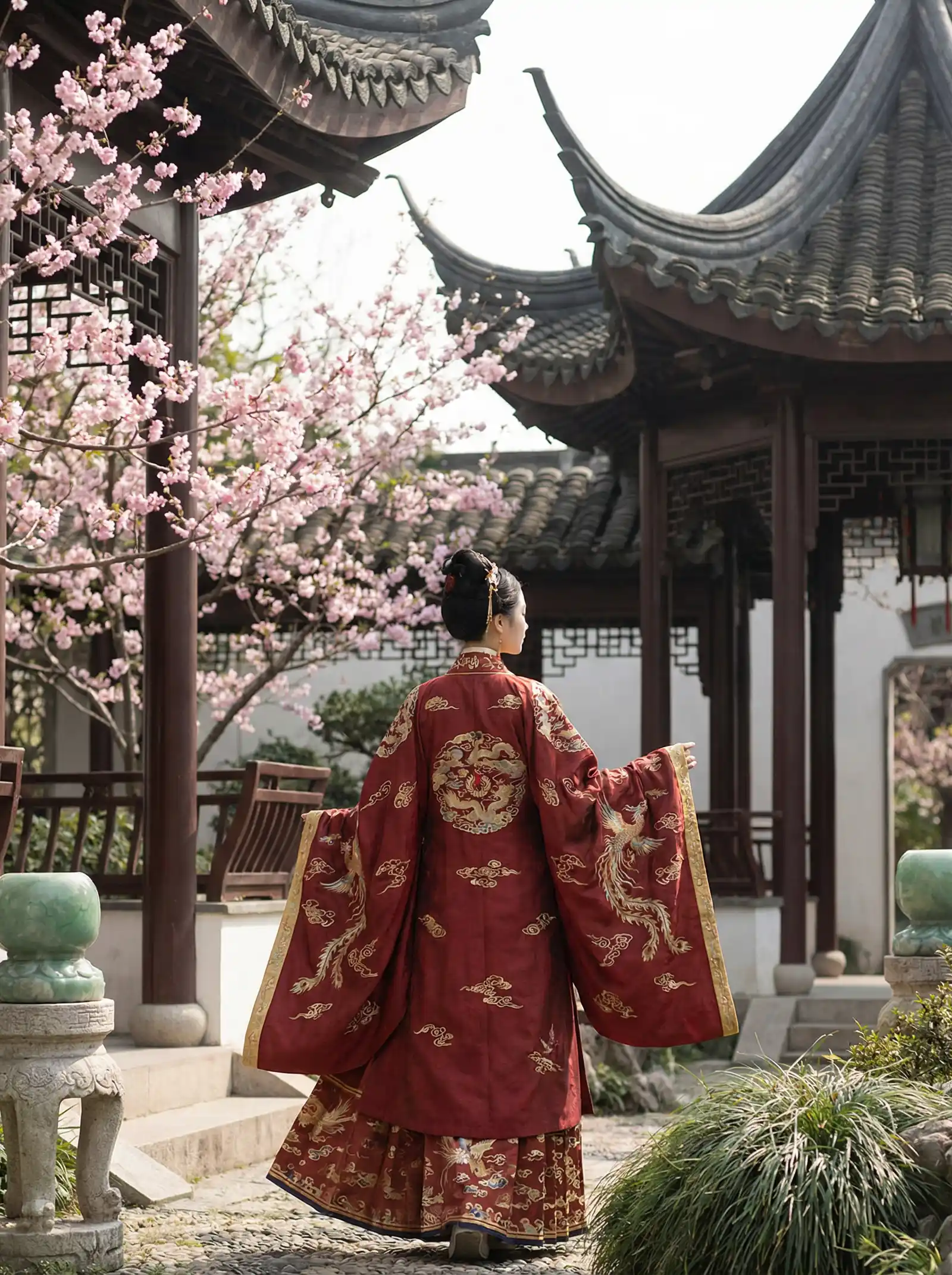 福彩开奖 明制汉服红色凤凰刺绣